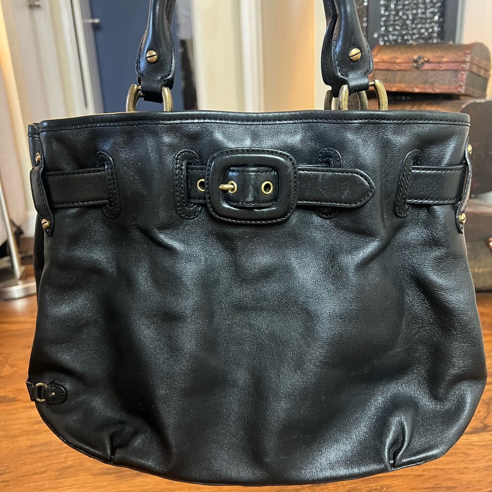 Cole Haan Black Leather Tote Satchel Shoulder Bag Handbag Purse Belt Buckle